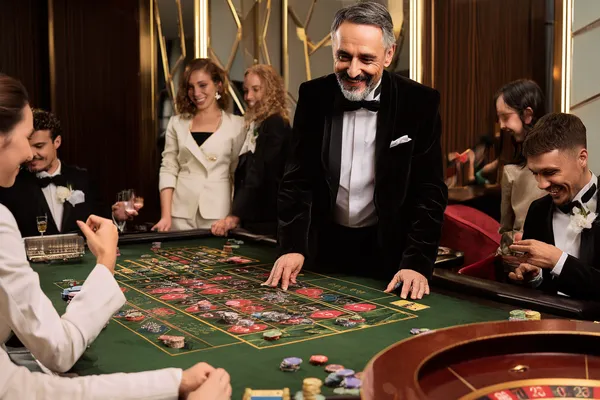 A confident dealer surrounded by casino chips inviting players to access their TIKLUCK account, reflecting quick and easy login options.